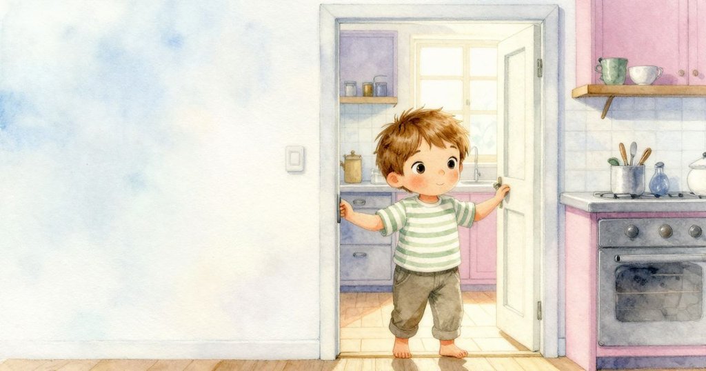 伊夫走進溫馨廚房，透過敞開的門口，踏入明亮空間，充滿好奇與期待的神情