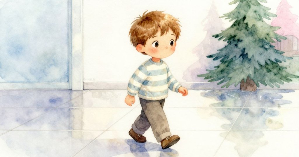 伊夫走在光亮瓷磚上，每一步都充滿節奏感，地面反射出柔和光芒，展現室內優雅美感