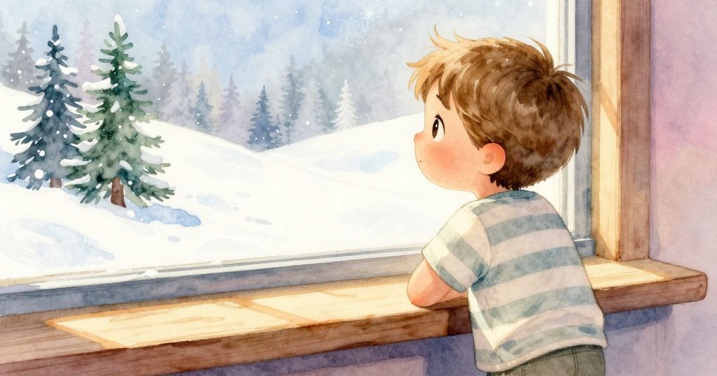 伊夫站在窗邊凝視外景，陽光灑在楓木桌上，映出他充滿驚奇與柔情的神情