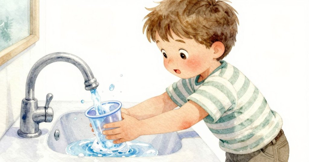 伊夫在水槽旁好奇探望，伸手觸碰漂浮的泡沫與水珠，細膩光影突顯溫馨廚房細節