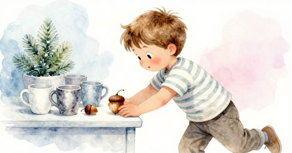 伊夫在楓木桌上輕推小橡果，橡果在杯間快樂滾動，畫面充滿動感與童趣