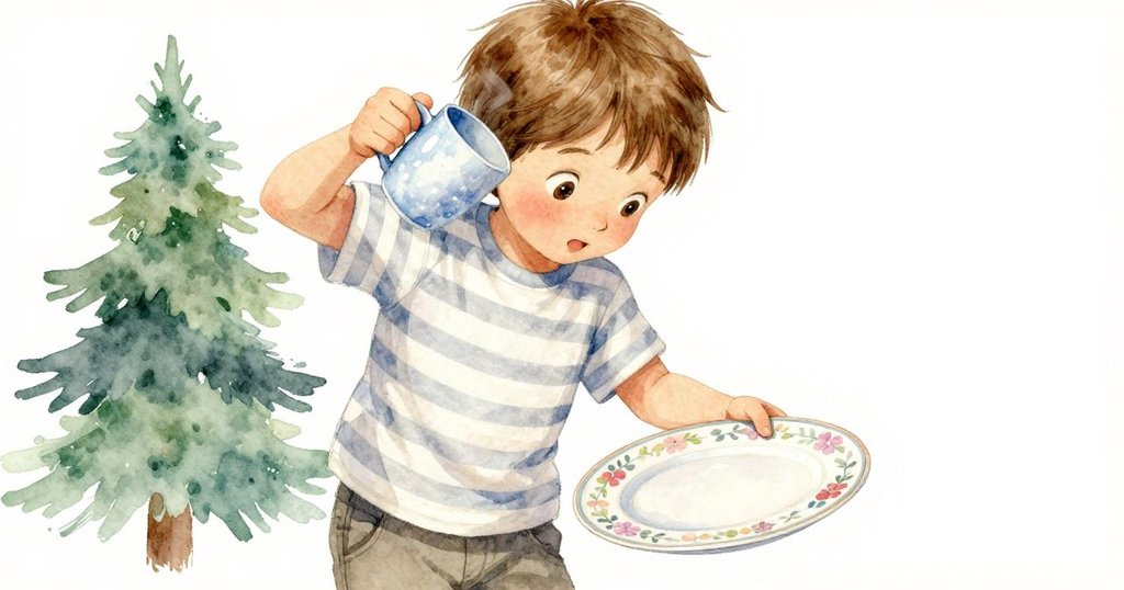 伊夫迅速扶穩傾斜的杯子，輕觸花紋盤子，盤面閃耀如都市石材，臉上透露出堅定與溫柔