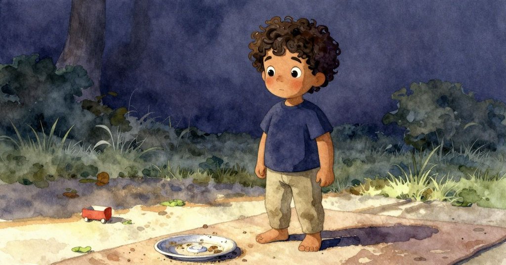 哈里斯站在晨光照射下的房間中，注視著地墊上的玩具盤，灰塵飛舞，展現出驚奇與沉思