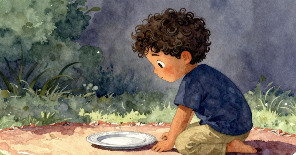 從背後角度看哈里斯凝視著玩具盤，晨光中的塵埃漂浮，表達出靜謐與驚奇的情感