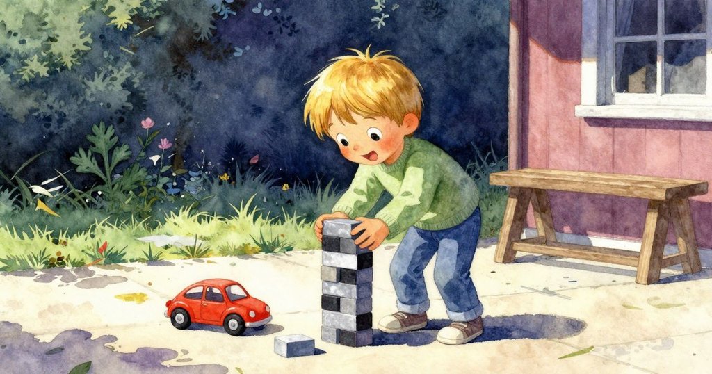 另一名孩子在戶外陽光充沛的庭院中小心扶正積木塔，旁邊有滾動的玩具車，呈現出室內外的轉換