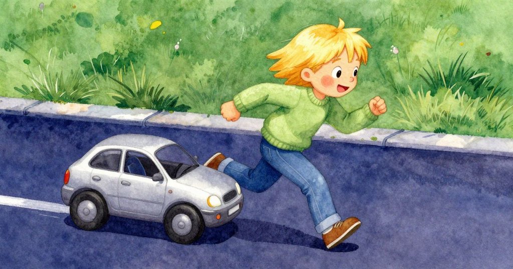 充滿活力的孩子在戶外追逐快速滾動的玩具車，畫面展現快樂與急切的追逐場面