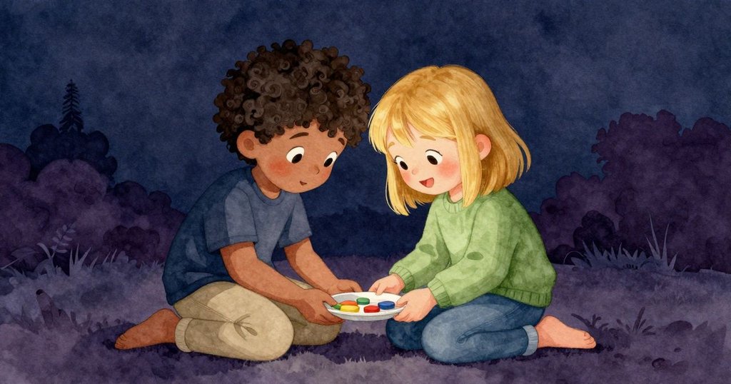 兩個孩子在地墊旁聚集，玩具盤緩緩落定，臉上洋溢著溫暖與驚喜，呈現友愛重逢的情景