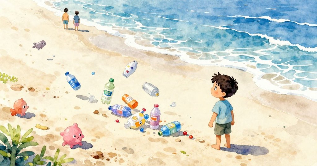 Cal在沙灘上凝視漂浮的塑料店模型，周圍有泡泡和海洋生物，背景有許多海灘上活動的人群，充滿活力