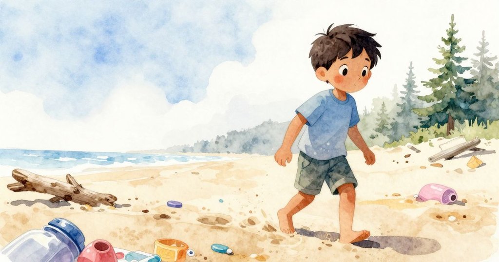 Cal沿著沙灘走路，腳印清晰留在潮濕的細沙上，漂浮的塑料店模型和漂流木點綴著海邊風景