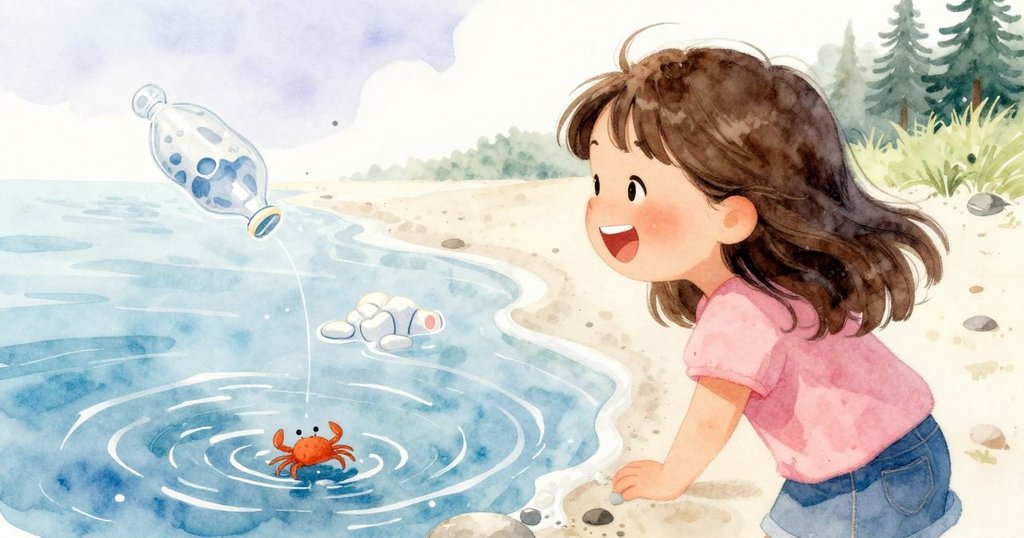 從女孩背後看潮池，看到塑料店模型中爬出一隻小螃蟹，Gemma快樂地笑著，場景充滿溫柔光線