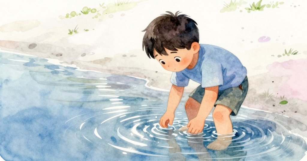 Cal彎下身子在潮池邊，水波輕觸他的手指，陽光變幻投射出銀色光澤，展現海邊寧靜時刻