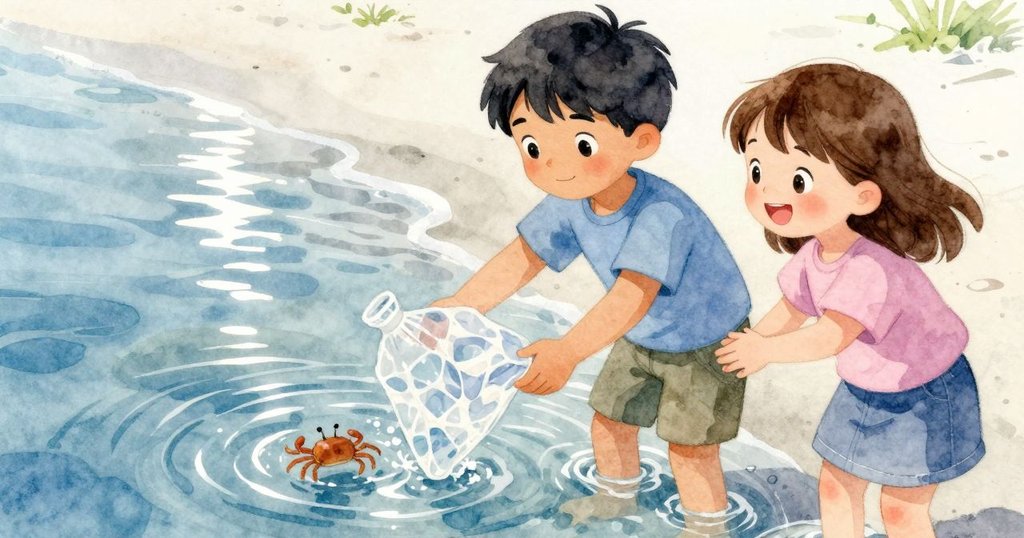 最終畫面中，Cal輕柔提起潮池中的塑料店模型，小螃蟹退回內部，Gemma微笑旁觀，濕面反射出溫暖銀光