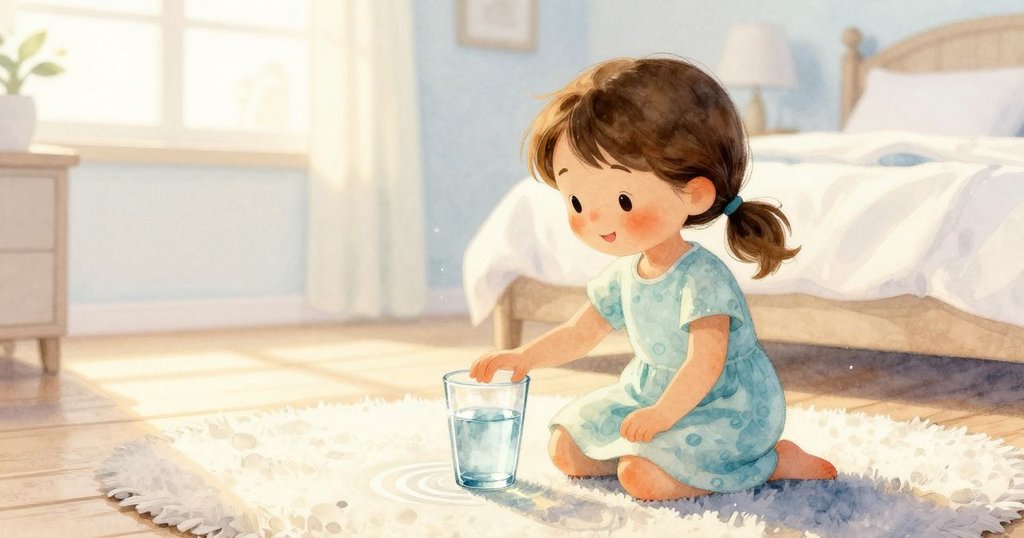 小女孩站在明亮臥室中輕觸玻璃杯，水中漣漪柔和展現，房內充滿清新洗衣香氣