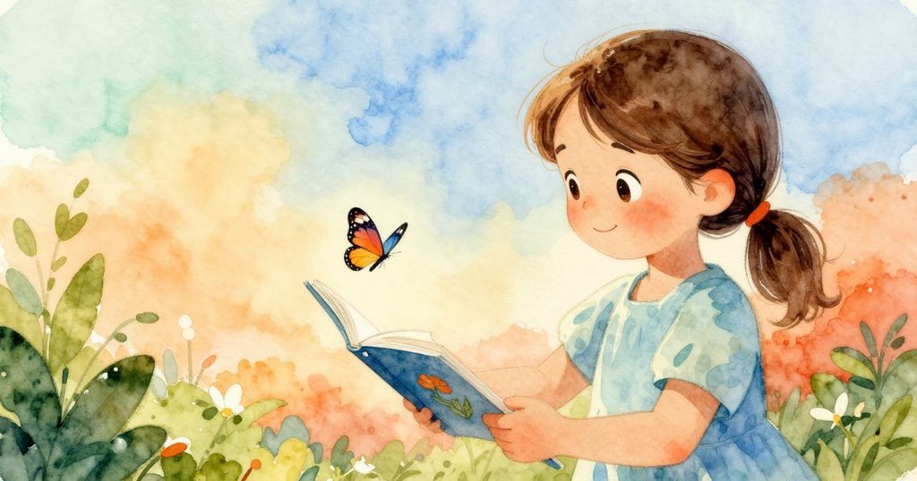 小女孩翻閱圖畫書，明亮蝴蝶翩然升起，傳遞著魔法與驚奇，瞬間充滿溫馨情懷