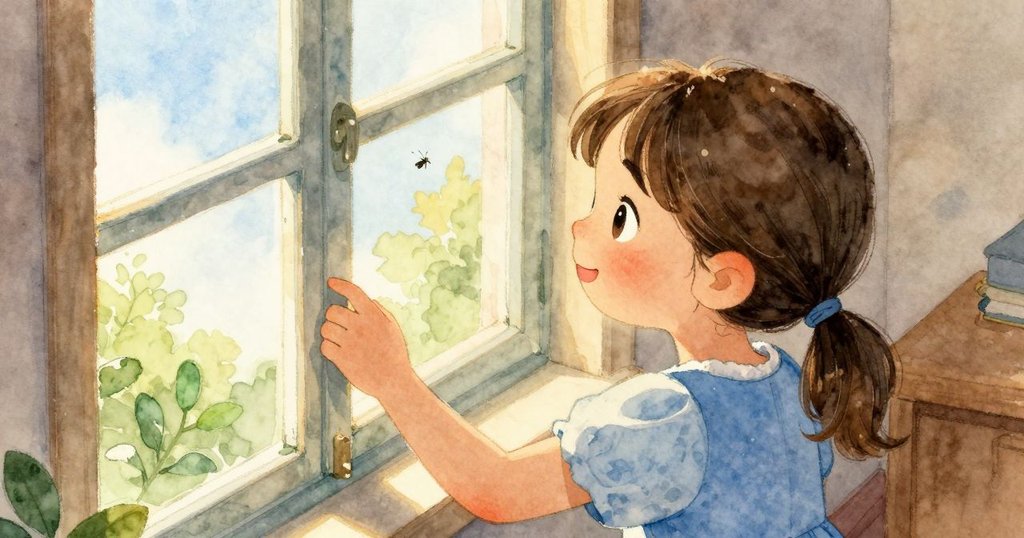 從高處俯視，小女孩輕扣窗戶邊，微小昆蟲振翅飛逝，房間明亮充滿晨光與驚喜