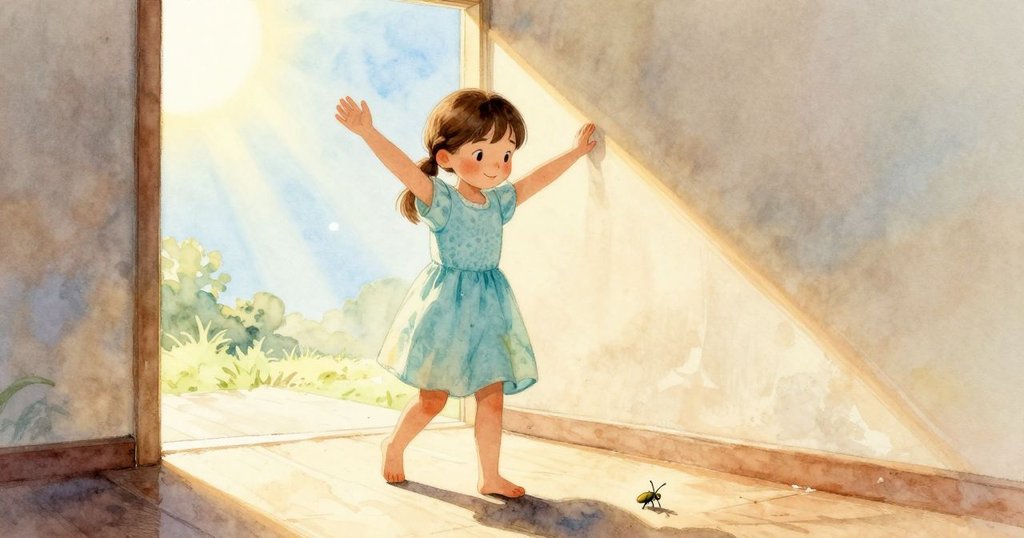 小女孩步入陽光閃耀的走廊，光線拉延至腳邊，引領她追隨那隻微小昆蟲，充滿神秘感