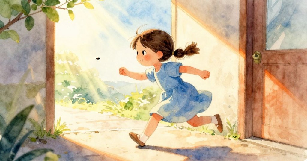 小女孩在走廊中奔跑追逐敏捷昆蟲，場面充滿活力與動感，明亮光線營造急速氣氛