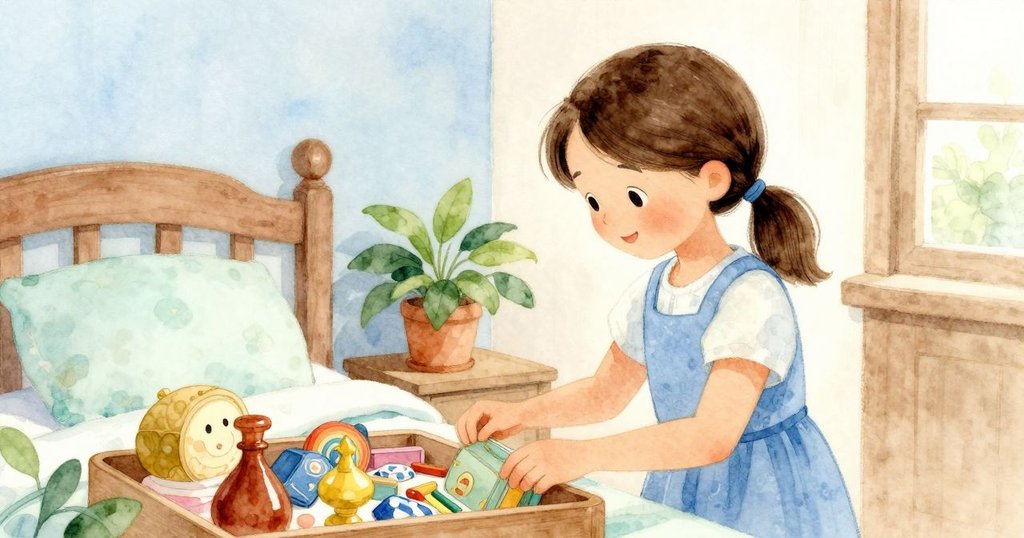 小女孩回到明亮臥室中收拾心愛物品，圖畫書中蝴蝶、布偶小貓和鉛筆杯齊聚，展現溫馨和諧結局