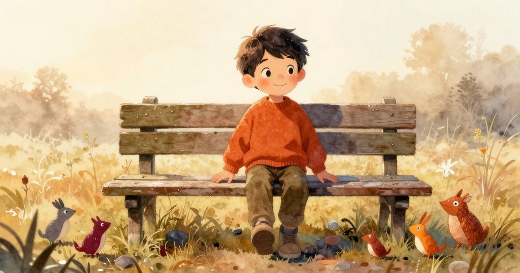 Tobin在清晨露水中走在老舊長椅旁，背景中有小鳥與動物嬉戲，展現充滿活力的早晨情景