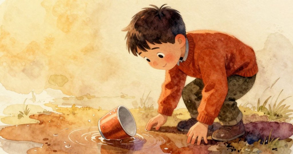 從低角度看Tobin好奇俯身凝視水潭中漂浮的杯子，藍色海豚圖案與紙船帽增添神秘氣息