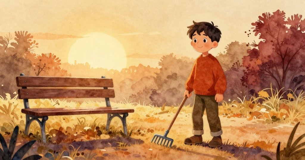 戶外場景中，長椅在晨曦中被照亮，金屬耙旁立著，Tobin走過感受大自然甦醒的氣息