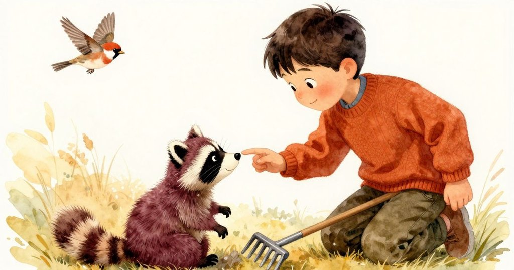 Tobin溫柔抱起布偶浣熊，金屬耙旁雀鳥輕飛，晨光下展現溫馨互動與陪伴情景