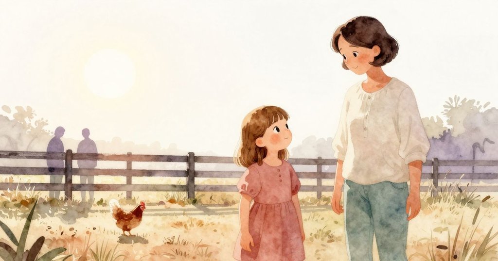 Lilac在農場圍欄外與大人並立，背光形成輪廓，前景中雞啄食乾草，展現寧靜陽光農村風情