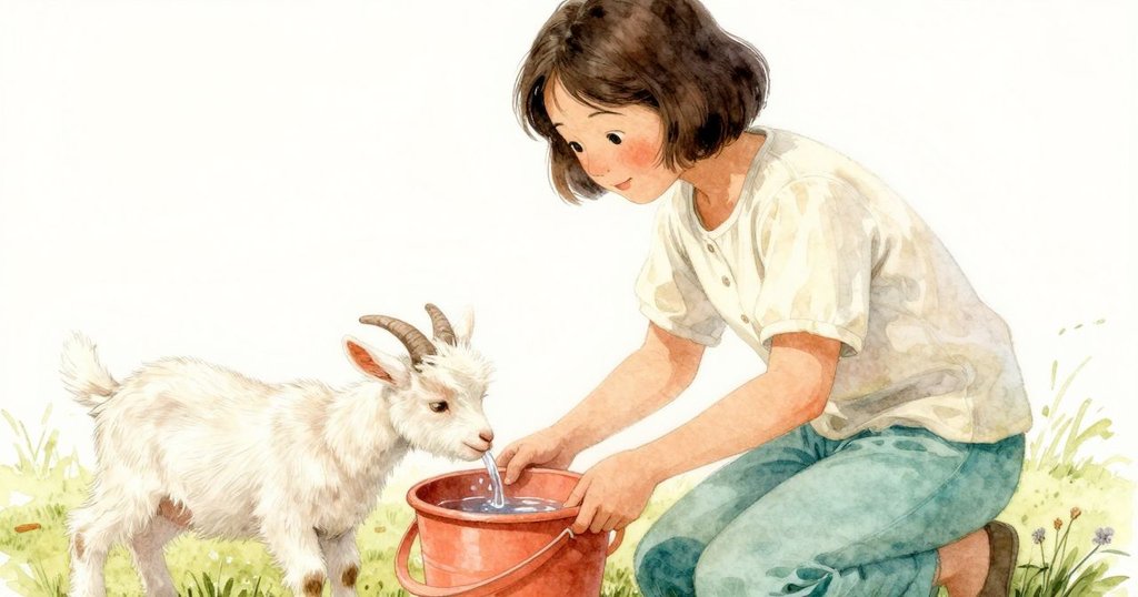 大人蹲在傾倒水桶旁，水珠順流而下，小山羊輕觸桶邊，農村場景充滿溫馨趣味