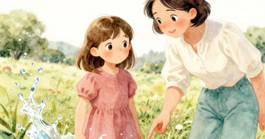 大人伸手指向水花，水滴映出柔和陽光，細節展現農場生活中微妙而美麗的瞬間