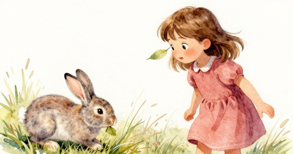 Lilac側頭注視飄落樹葉遮眼瞬間，眼神充滿好奇，背景中兔子在青草上啃食，動感十足