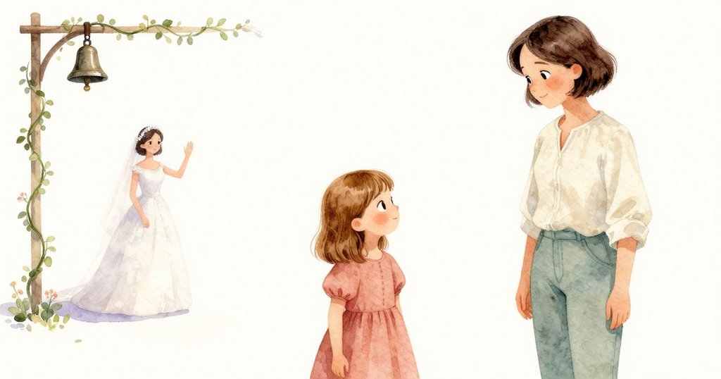 遠處白衣新娘輕揮手臂，婚鐘聲隱約回響，藤蔓纏柱，羽毛輕落，象徵結局的寧靜美好