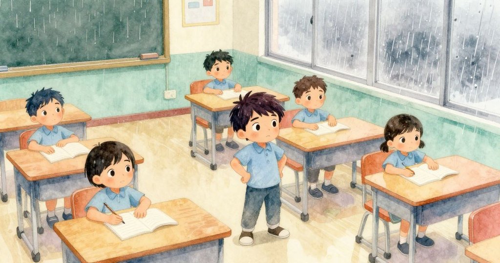 Theo在課桌前聞膠水味，大窗外雨滴紛飛，課室整齊排列的桌椅展現溫馨學習氛圍