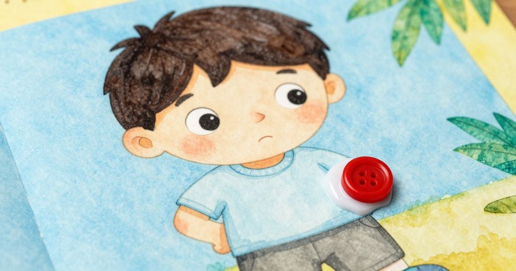 Theo正專注摺疊藍色紙方塊，膠水與紅鈕扣細節清晰呈現，桌面呈現明亮溫暖質感