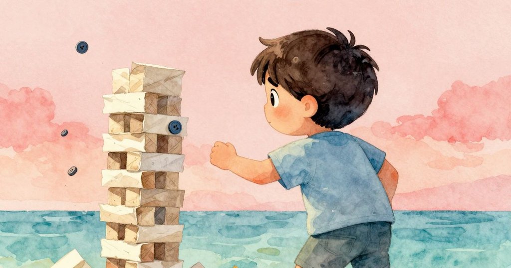 從Theo後方角度看，他注視著傾斜的紙塔與滾動鈕扣，神情專注，桌面藝術材料點綴其中