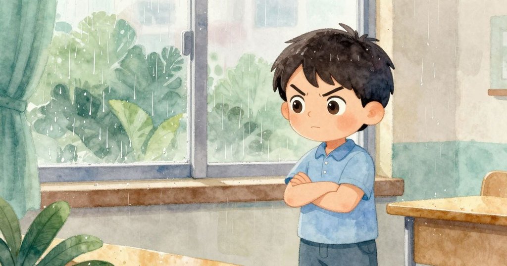 Theo凝視窗外細雨連綿，雨點在高窗上閃爍，他輕觸紙塔，室內與外界雨韻融合