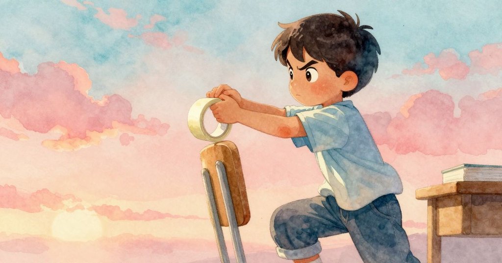 Theo爬上椅子取用膠帶，決心修正傾斜紙塔，動作果斷展現創作精神，溫暖室內氛圍濃厚