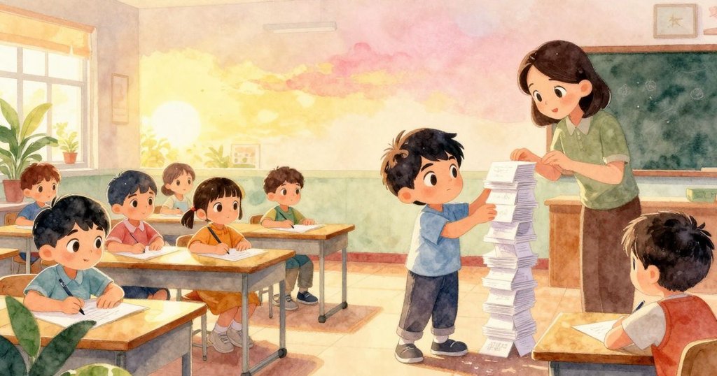 Theo完成直立紙塔，上下繪有地與天，粉筆塵隨光飄揚，老師在背景點頭表揚，教室充滿結局溫暖