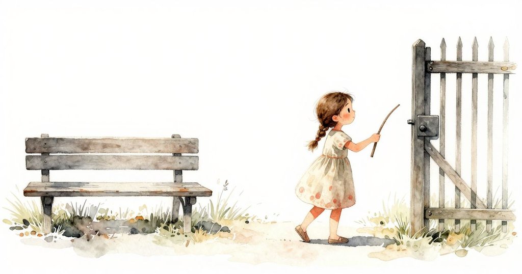 艾拉站在門邊，手持小棍，早晨陽光照亮長椅，環境靜謐，充滿期待與平和情緒