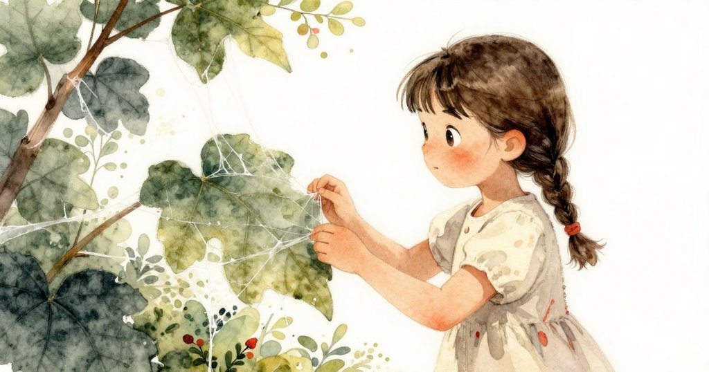 艾拉仔細檢視一片大葉和閃爍蜘蛛絲，臉上帶著好奇與驚喜，環境充滿自然細節