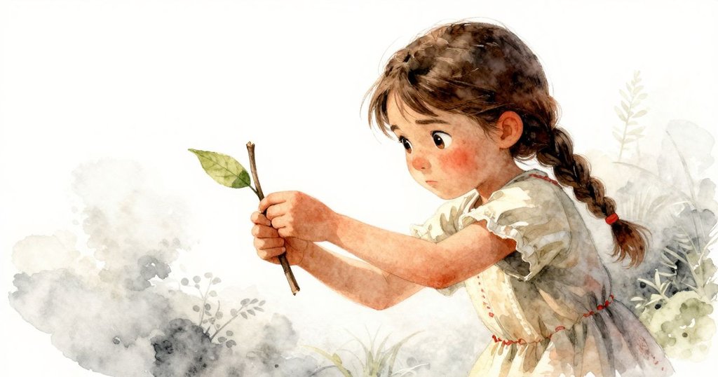 艾拉從低角度呈現，專注地把小棍作為船桅固定在葉上，絲線閃爍於手中，充滿創意和決心