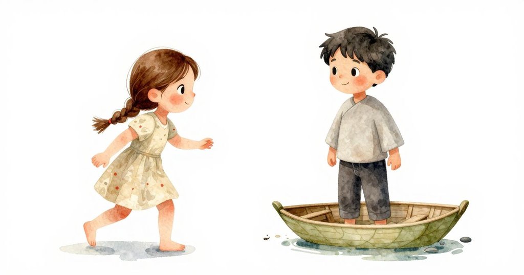 從高處俯瞰，葉船漂浮在小水潭上，一顆卵石邊上有隻小螞蟻走動，展現自然與創造力的美妙