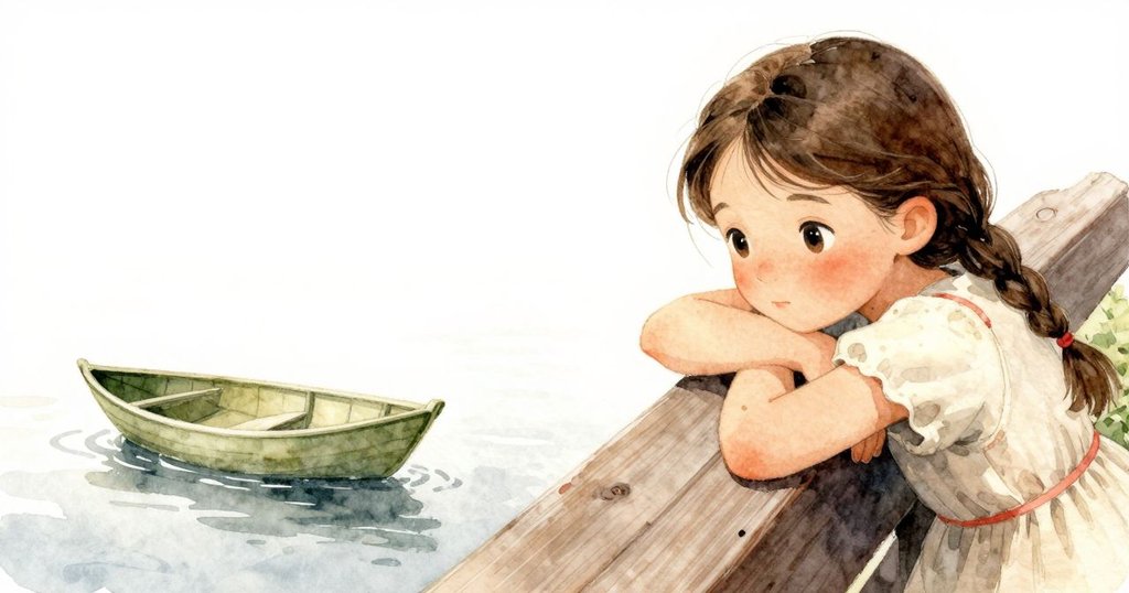 艾拉安靜坐在長椅旁休息，葉船在附近緩緩漂浮，小螞蟻爬過，結束創造性冒險，平和滿足