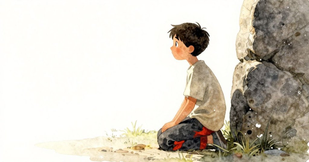 艾瑞克跪於小徑旁與石板形成剪影，背景明亮溫暖，展現探索開始時的好奇與期待。