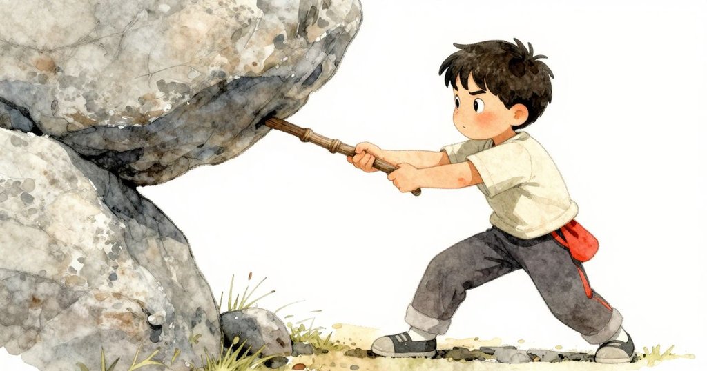 從低角度仰視艾瑞克拉動小棍撬石，臉上堅定與驚奇並存，展現發現時刻的動力與溫暖。