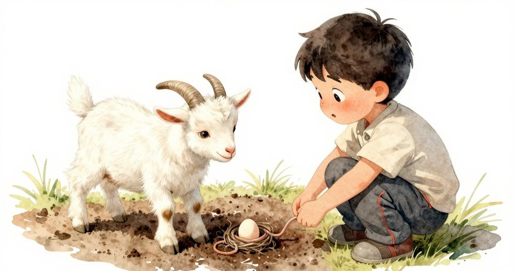 從高處俯瞰，展現露出涼土中蜷縮的蚯蚓、乾草覆蓋的巢箱和隱現的光滑蛋殼，充滿探索驚喜。