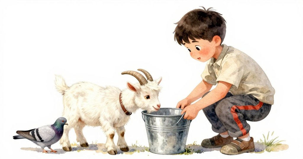 艾瑞克驚訝而溫柔地觀察調皮羊仔撞動水桶金屬手柄，鴿子在近旁覓食，場景生動溫馨。