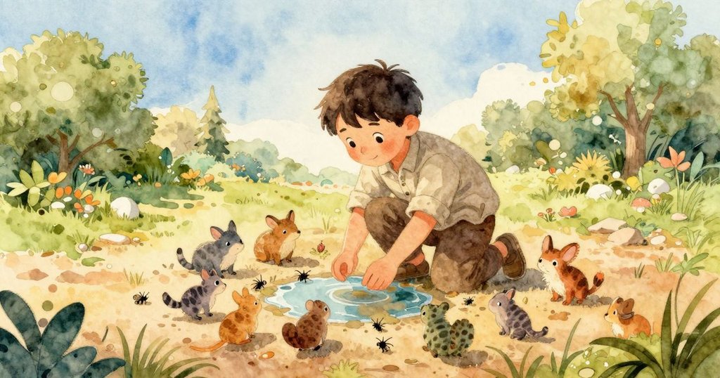 伊蒙站在充滿小動物與昆蟲的庭院中，面帶好奇表情望向閃爍水坑，晨光灑落充滿生機的場景。