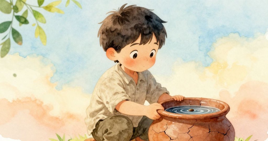 伊蒙低頭細看破裂陶罐內浮動的種子，手輕觸陶罐邊緣，晨光柔和映出水面細膩波紋。