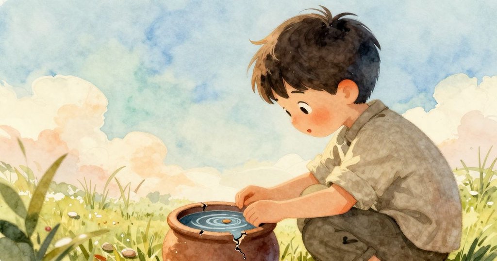 從背後看伊蒙低頭注視著水面上微動的種子，細膩水波反映出晨光，散發著神秘而溫暖的氛圍。