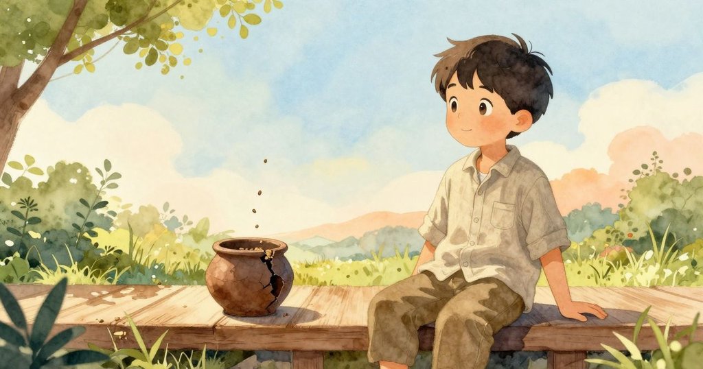 伊蒙靜坐於木階上，平靜凝望著發著微光的種子，庭院中溫暖晨光灑落，氛圍寧靜而安詳。